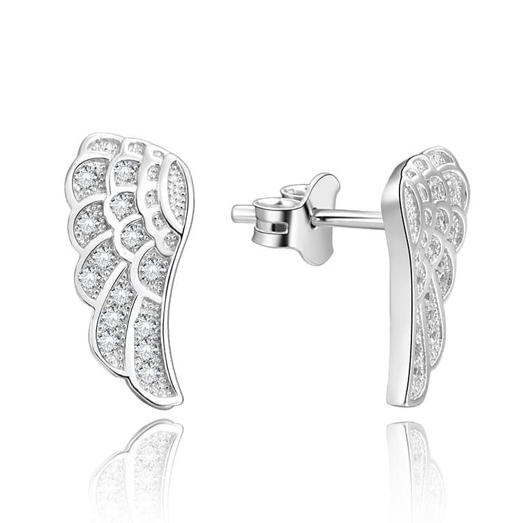 White stone angel-wing stud earrings in hallmarked, rhodium-plated 925 sterling silver – front view – DRESCHER Jewellery®