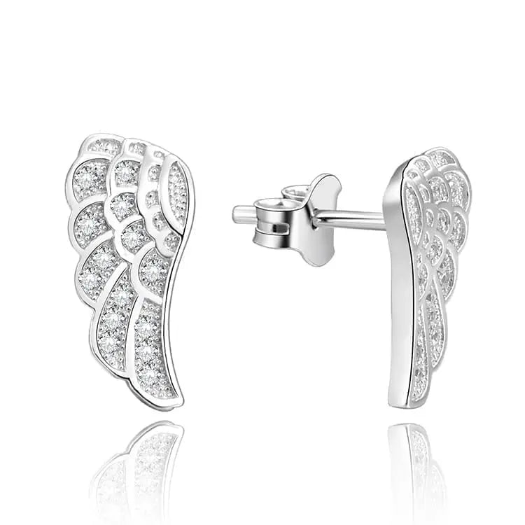 White stone angel-wing stud earrings in hallmarked, rhodium-plated 925 sterling silver – front view – DRESCHER Jewellery®