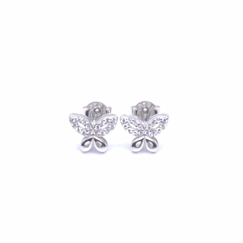 Pavé white stone butterfly-outline stud earrings in hallmarked, rhodium-plated 925 sterling silver – front view – DRESCHER Jewellery®