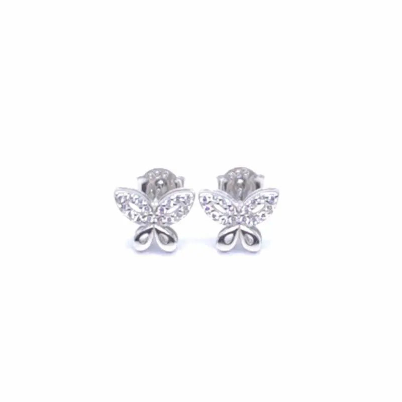 Pavé white stone butterfly-outline stud earrings in hallmarked, rhodium-plated 925 sterling silver – front view – DRESCHER Jewellery®