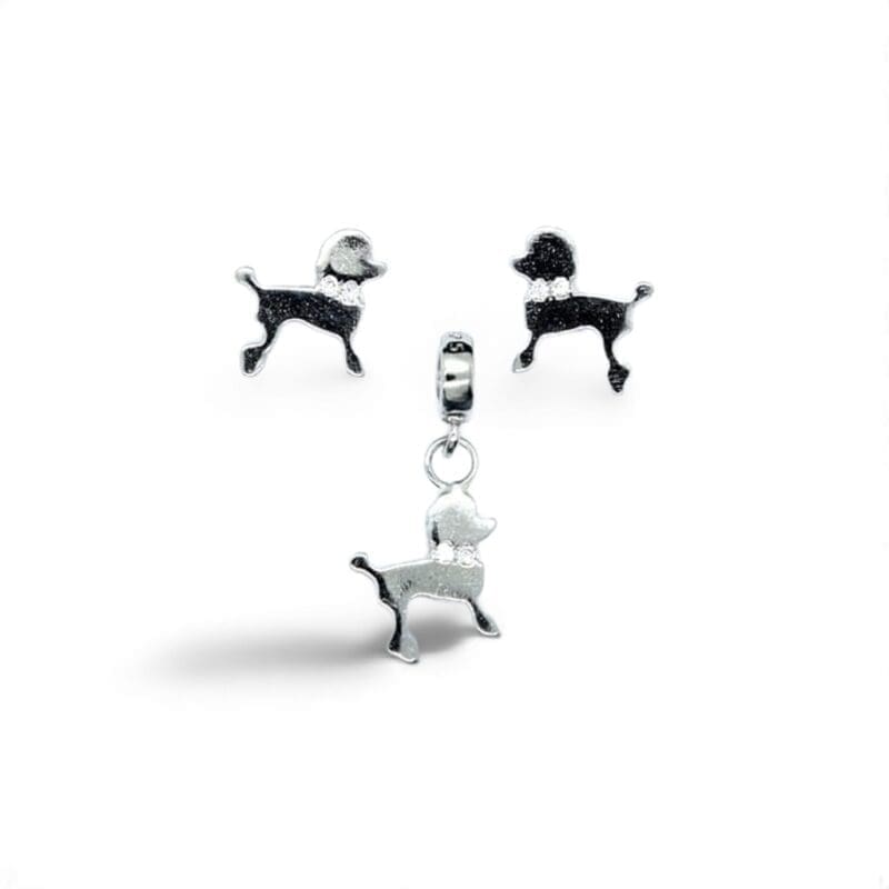 stekker dog set with white stone in hallmarked, rhodium-plated 925 sterling silver – alternate front view – DRESCHER Jewellery®