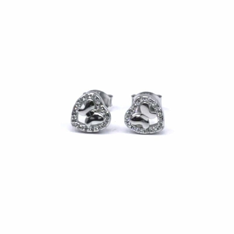 Heart and butterfly white cubic zirconia stud earrings in hallmarked, rhodium-plated 925 sterling silver – front view – DRESCHER Jewellery®
