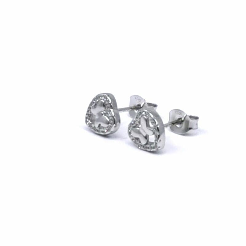 Heart and butterfly white cubic zirconia stud earrings in hallmarked, rhodium-plated 925 sterling silver – angled view – DRESCHER Jewellery®