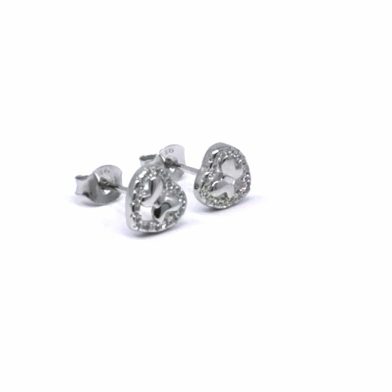 Heart and butterfly white cubic zirconia stud earrings in hallmarked, rhodium-plated 925 sterling silver – side view – DRESCHER Jewellery®