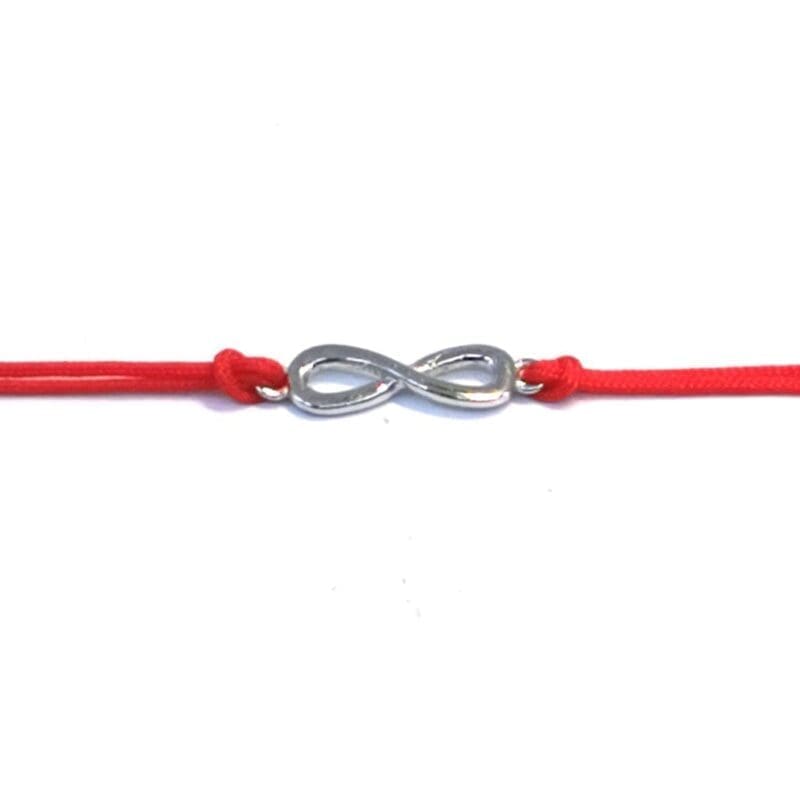 infinity sign double strand red cotton bracelet with hallmarked, rhodium-plated 925 sterling silver motif – full front view – DRESCHER Jewellery®