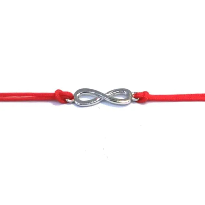 infinity sign double strand red cotton bracelet with hallmarked, rhodium-plated 925 sterling silver motif – full front view – DRESCHER Jewellery®