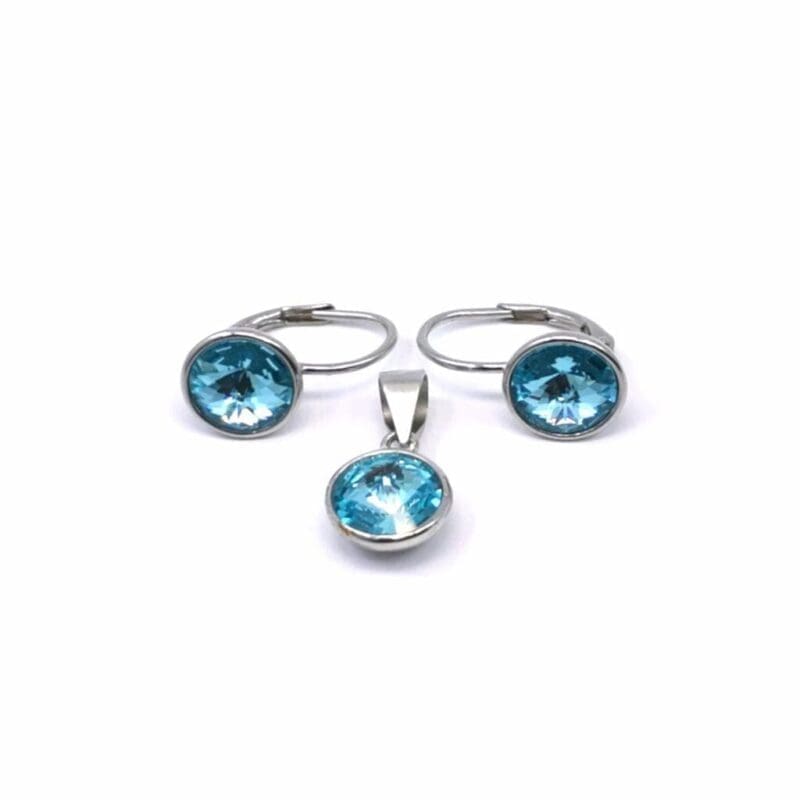 light blue stone earrings with patent closure and pendant in hallmarked, rhodium-plated 925 sterling silver – alternate front view – DRESCHER Jewellery®