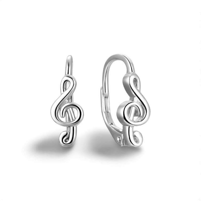 Treble clef leverback earrings in hallmarked, rhodium-plated 925 sterling silver – front and side views – DRESCHER Jewellery®