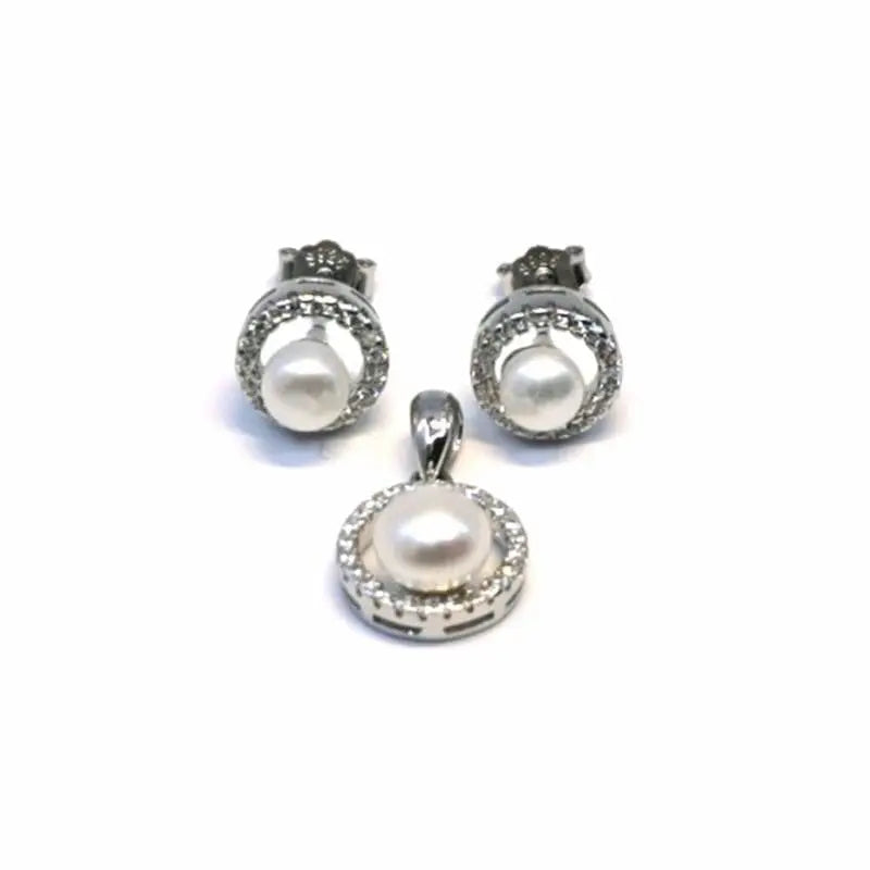 White encircled pearl silver stud earrings with pearl pendant