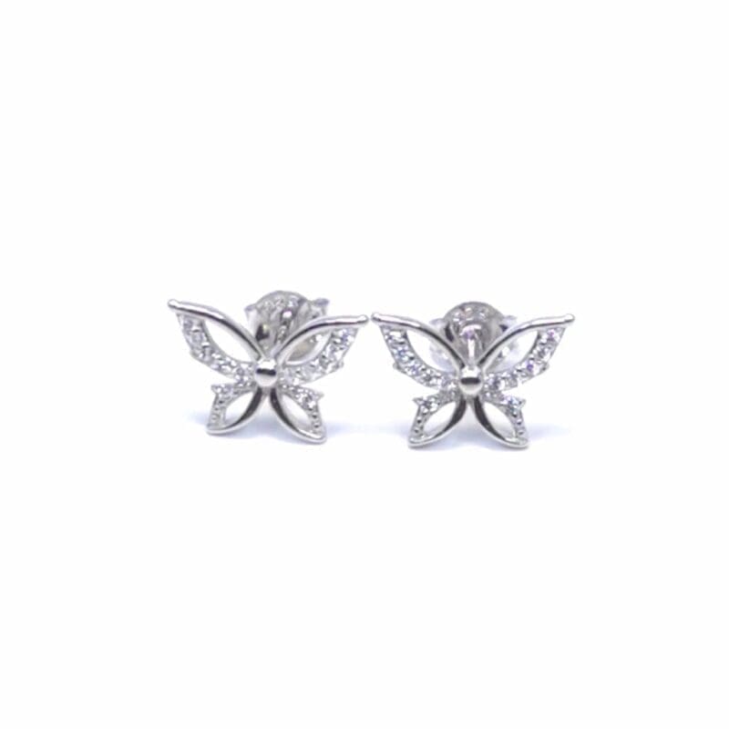 White stone butterfly stud earrings in hallmarked, rhodium-plated 925 sterling silver – front view – DRESCHER Jewellery®