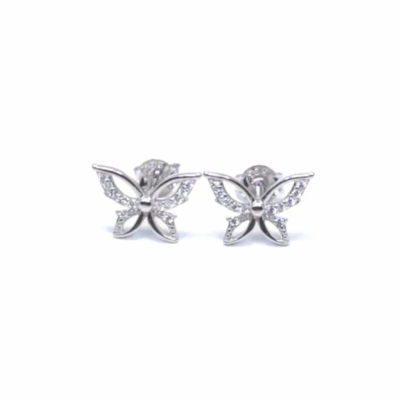 White stone butterfly stud earrings in hallmarked, rhodium-plated 925 sterling silver – front view – DRESCHER Jewellery®