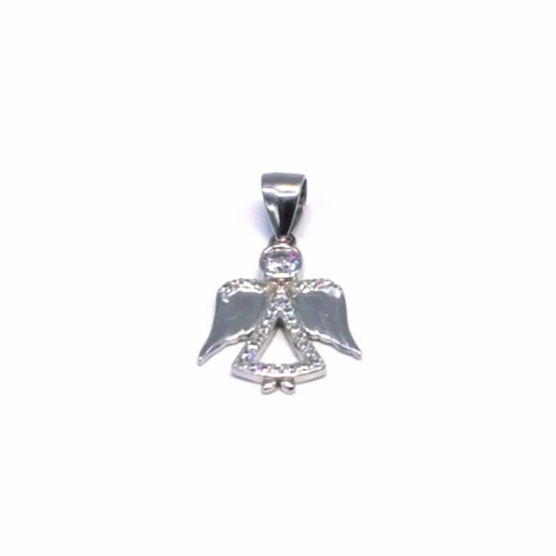 White stone angel pendant in hallmarked, rhodium-plated 925 sterling silver – alternate front view – DRESCHER Jewellery®