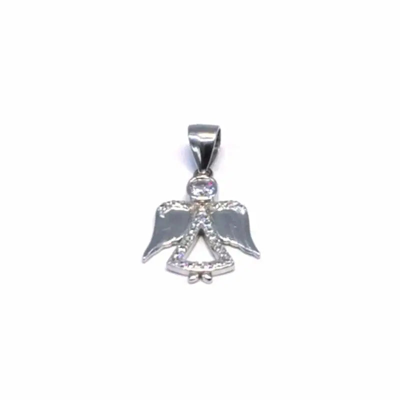 White stone angel pendant in hallmarked, rhodium-plated 925 sterling silver – front view – DRESCHER Jewellery®
