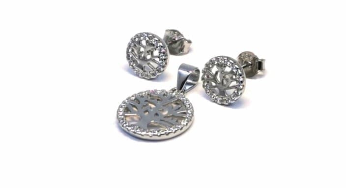 White stone stud earrings with silver tree of life pendant in hallmarked, rhodium-plated 925 sterling silver – front set view – DRESCHER Jewellery®