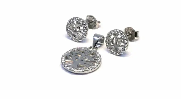 White stone stud earrings with silver tree of life pendant in hallmarked, rhodium-plated 925 sterling silver – front set view – DRESCHER Jewellery®