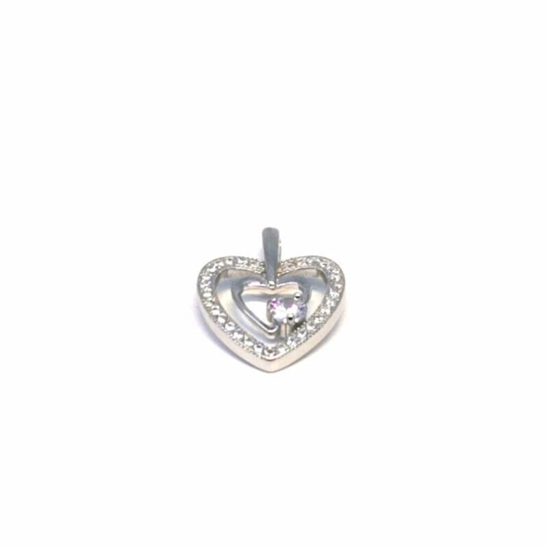 White stone double contour heart pendant in hallmarked, rhodium-plated 925 sterling silver – alternate front view – DRESCHER Jewellery®