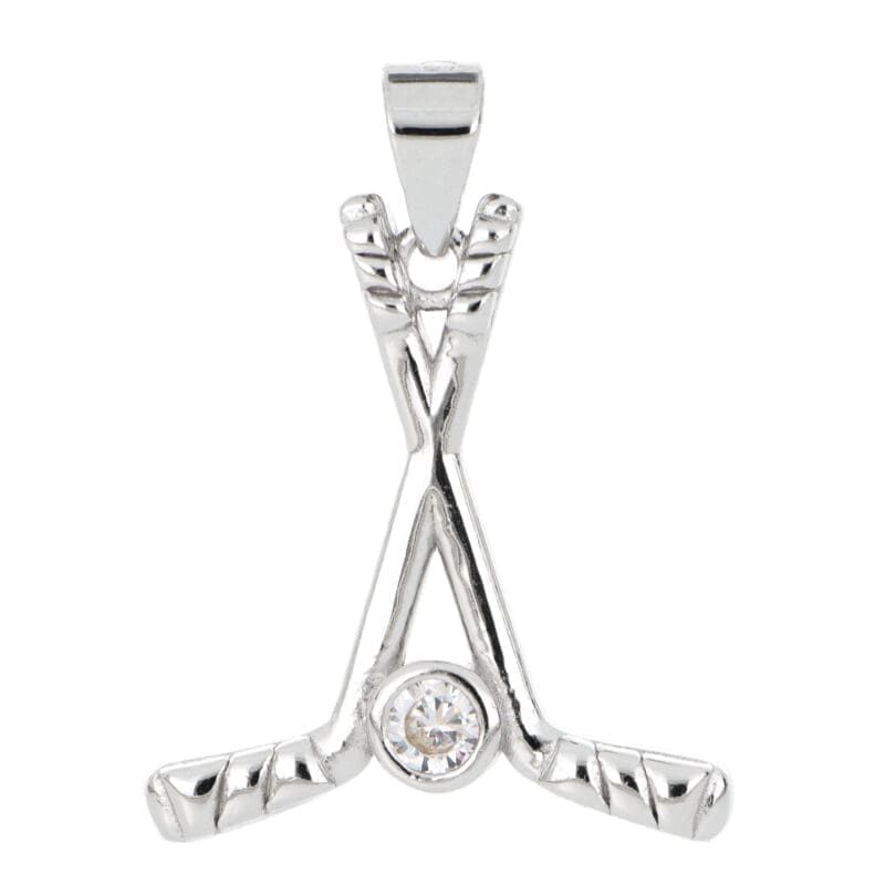 hockey stick pendant with white stone in hallmarked, rhodium-plated 925 sterling silver – alternate front view – DRESCHER Jewellery®