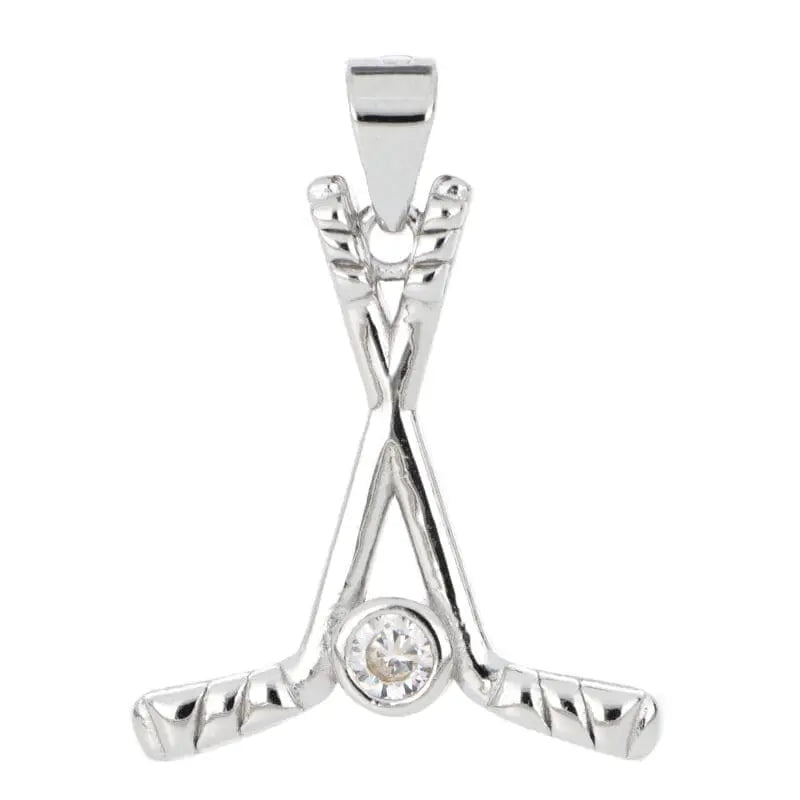 hockey stick pendant with white stone in hallmarked, rhodium-plated 925 sterling silver – front view – DRESCHER Jewellery®