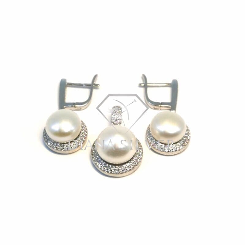 White stone pearl silver fringe earrings with pendant, with silver components crafted from hallmarked, rhodium-plated 925 sterling silver – alternate front view – DRESCHER Jewellery®