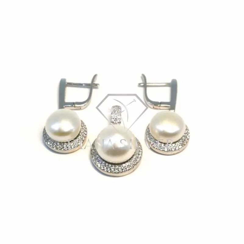 White stone pearl silver fringe earrings with pendant, with silver components crafted from hallmarked, rhodium-plated 925 sterling silver – front view – DRESCHER Jewellery®