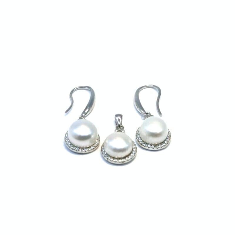 White stone beaded silver dangle earrings with pendant in hallmarked, rhodium-plated 925 sterling silver – alternate front view – DRESCHER Jewellery®
