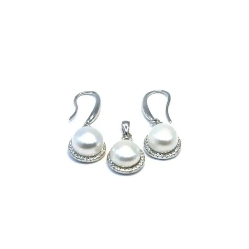 White stone beaded silver dangle earrings with pendant in hallmarked, rhodium-plated 925 sterling silver – front view – DRESCHER Jewellery®