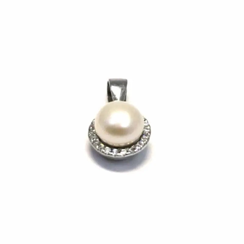 White stone pearl silver pendant, with silver components crafted from hallmarked, rhodium-plated 925 sterling silver – front set view – DRESCHER Jewellery®