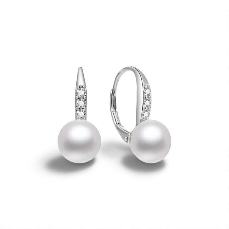 Pearl drop earrings with stone-set leverback closures, crafted with hallmarked, rhodium-plated 925 sterling silver – alternate front view – DRESCHER Jewellery®