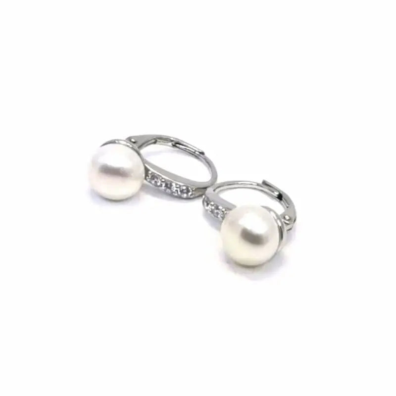 White stone pearl silver earrings with patent closure