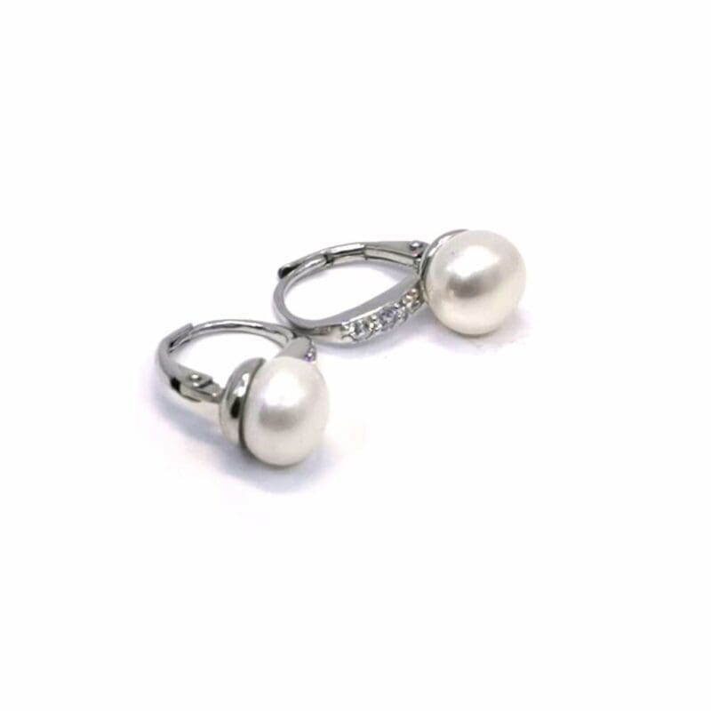 Pearl drop earrings with stone-set leverback closures, crafted with hallmarked, rhodium-plated 925 sterling silver – alternate side view – DRESCHER Jewellery®
