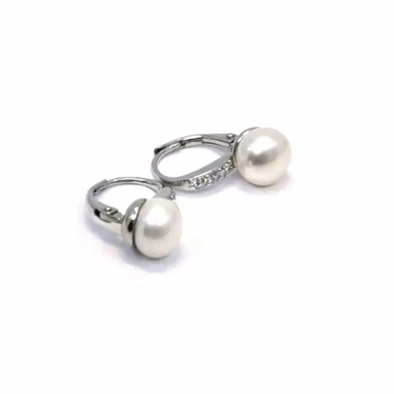 White stone pearl silver earrings with patent closure