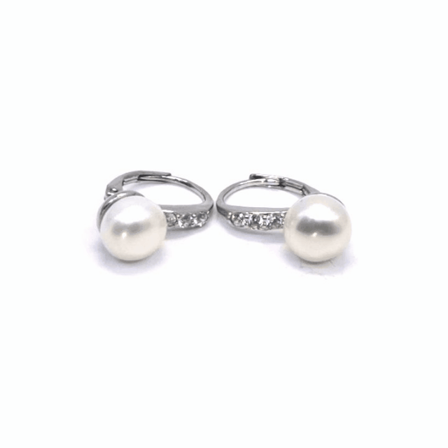 White stone pearl silver earrings with patent closure