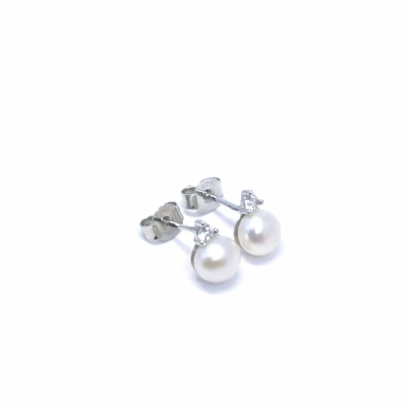 White stone pearl silver stud earrings, with silver components crafted from hallmarked, rhodium-plated 925 sterling silver – alternate side view – DRESCHER Jewellery®