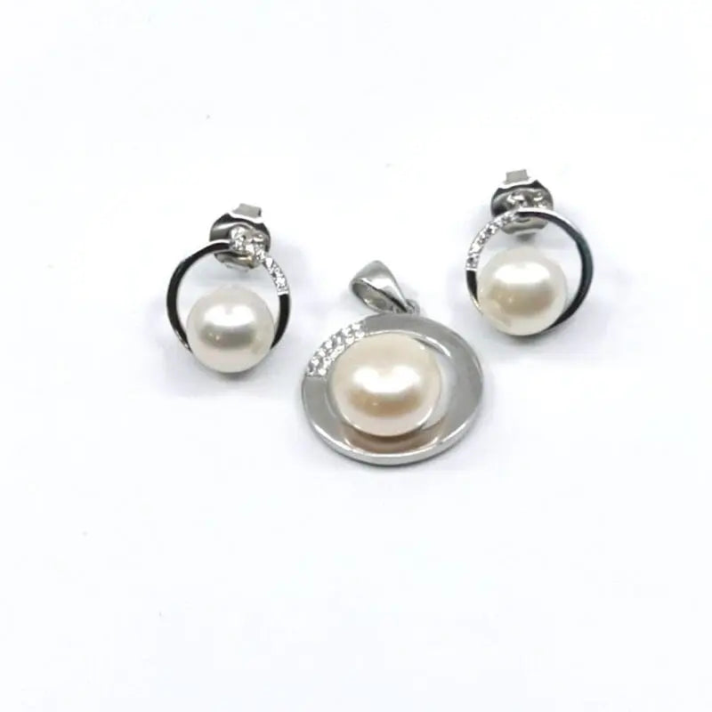White stone beaded silver stud earrings with pendant