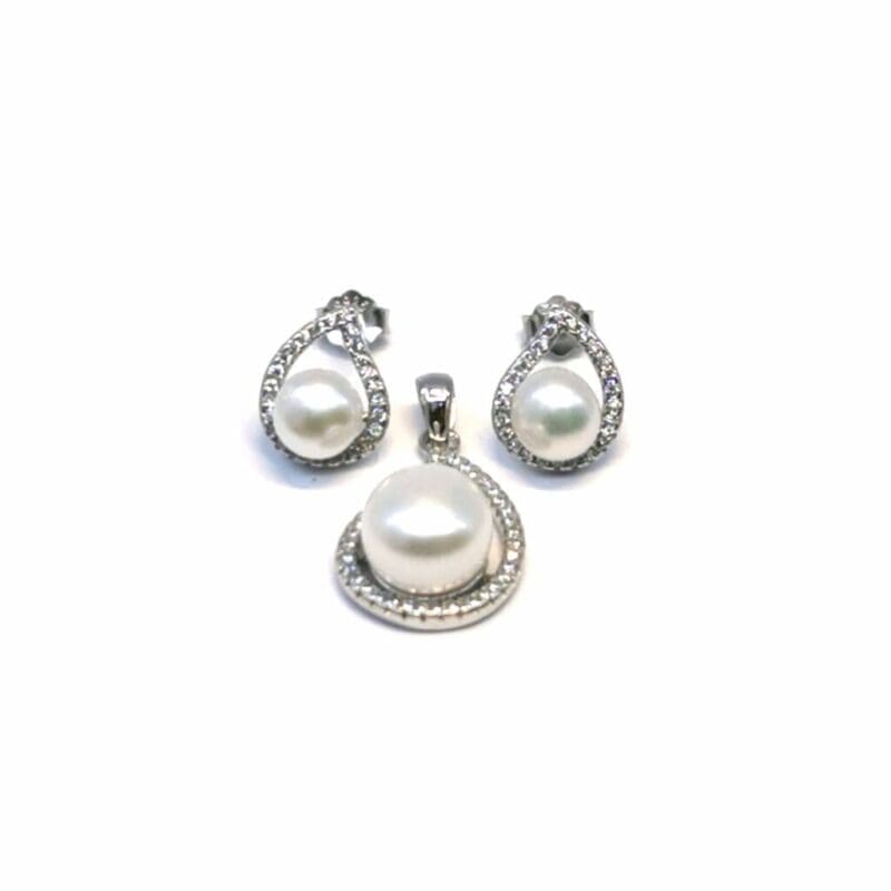 White stone pearl silver stud earrings with pendant, with silver components crafted from hallmarked, rhodium-plated 925 sterling silver – front set view – DRESCHER Jewellery®