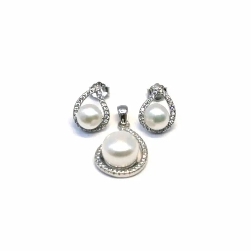 White stone pearl silver stud earrings with pendant, with silver components crafted from hallmarked, rhodium-plated 925 sterling silver – front set view – DRESCHER Jewellery®