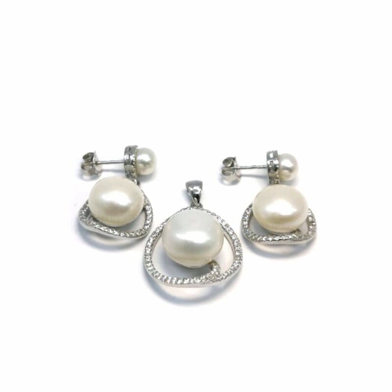 White stone pearl silver stud earrings with pendant, with silver components crafted from hallmarked, rhodium-plated 925 sterling silver – alternate front view – DRESCHER Jewellery®