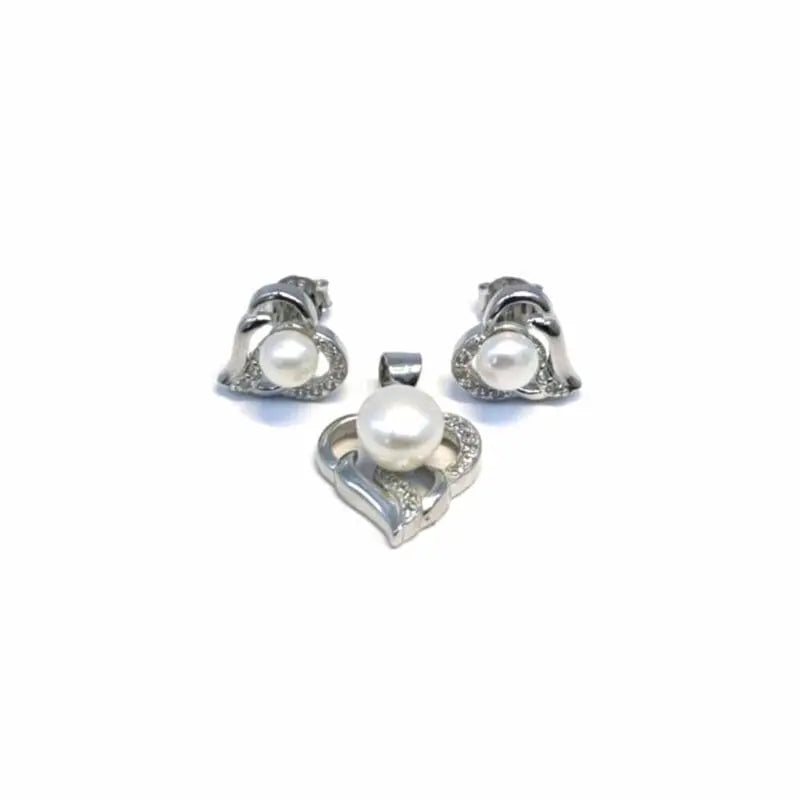 White stone pearl silver heart earrings with pendant, with silver components crafted from hallmarked, rhodium-plated 925 sterling silver – front view – DRESCHER Jewellery®