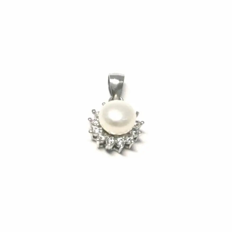 White stone pearl pendant, with silver components crafted from hallmarked, rhodium-plated 925 sterling silver – front view – DRESCHER Jewellery®