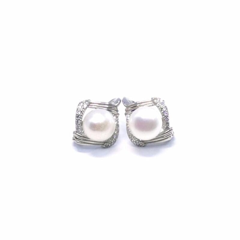 White stone pearl earrings with patent closure, with silver components crafted from hallmarked, rhodium-plated 925 sterling silver – alternate front view – DRESCHER Jewellery®