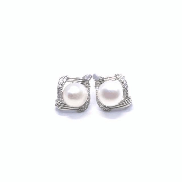 White stone pearl earrings with patent closure