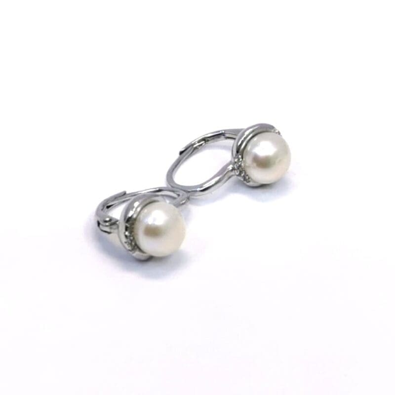 Pearl drop earrings with stone-set leverback closures, crafted with hallmarked, rhodium-plated 925 sterling silver – alternate side view – DRESCHER Jewellery®