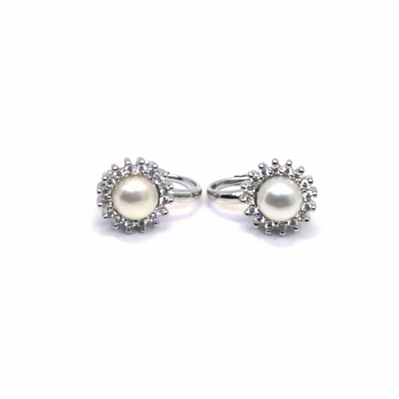 Pearl drop earrings with stone-set leverback closures, crafted with hallmarked, rhodium-plated 925 sterling silver – alternate front view – DRESCHER Jewellery®