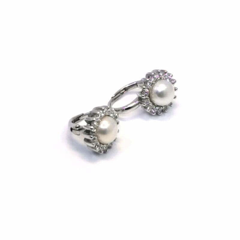 Pearl drop earrings with stone-set leverback closures, crafted with hallmarked, rhodium-plated 925 sterling silver – alternate side view – DRESCHER Jewellery®
