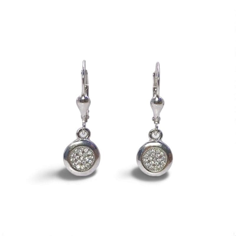 Round micro-set white stone dangle earrings in hallmarked, rhodium-plated 925 sterling silver – front view – DRESCHER Jewellery®