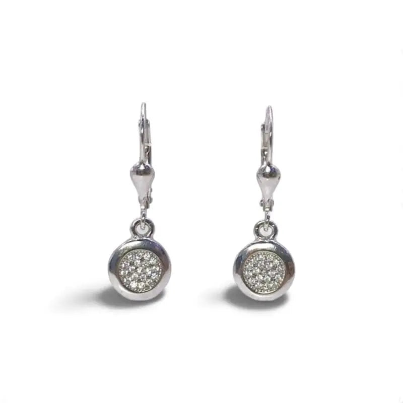 Round micro-set white stone dangle earrings in hallmarked, rhodium-plated 925 sterling silver – front view – DRESCHER Jewellery®