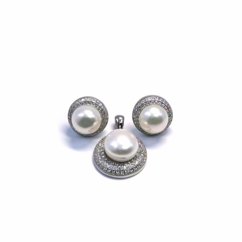 White stone round beaded silver stud earrings with pendant in hallmarked, rhodium-plated 925 sterling silver – alternate front view – DRESCHER Jewellery®