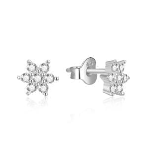 White stone small flowers silver earrings in hallmarked, rhodium-plated 925 sterling silver – detail view – DRESCHER Jewellery®