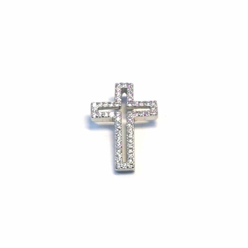 White stone contoured cross pendant in hallmarked, rhodium-plated 925 sterling silver – alternate front view – DRESCHER Jewellery®