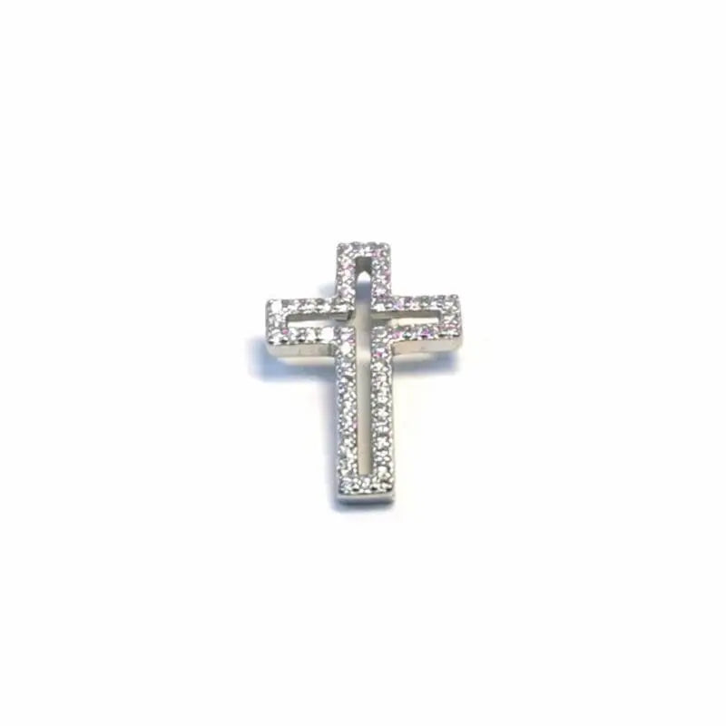 White stone contoured cross pendant in hallmarked, rhodium-plated 925 sterling silver – front view – DRESCHER Jewellery®